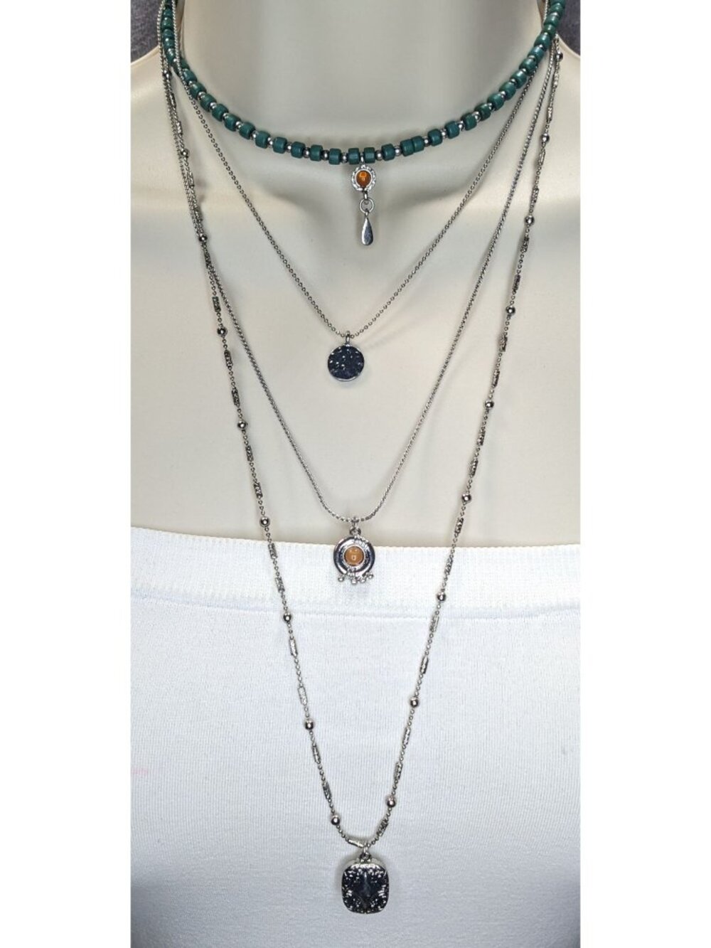 Boho Eclectic Layered Silver Tone Green Beaded Multi Pendant Necklace